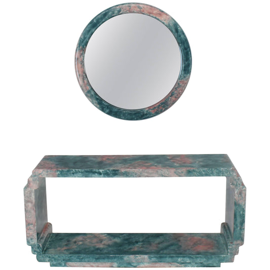 Round Mirror Console Table Marbleized Lacquered Finish Faux Marble