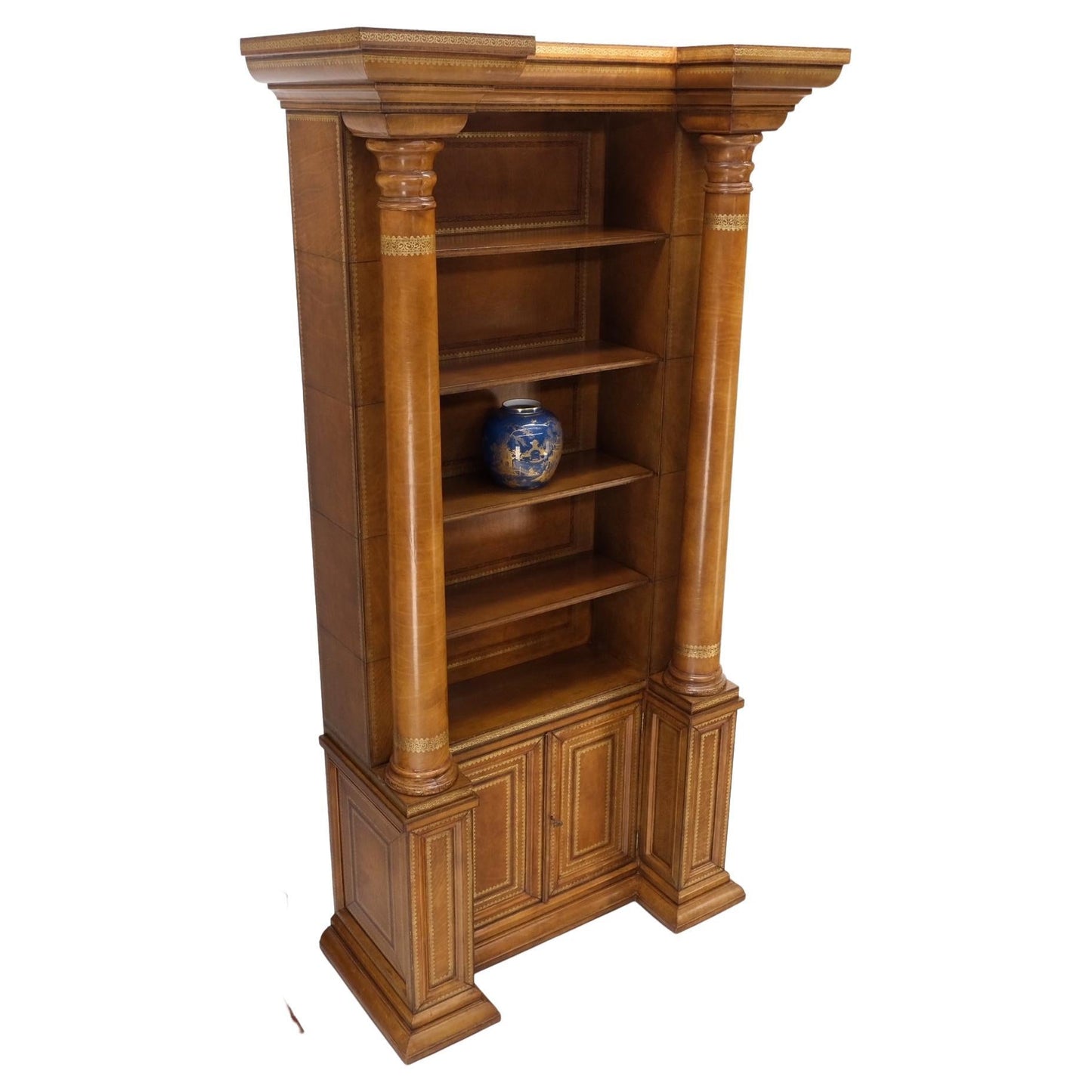 All Wrapped in Tooled Leather Massive Decorative Columns 2 Part Bookcase Hutch