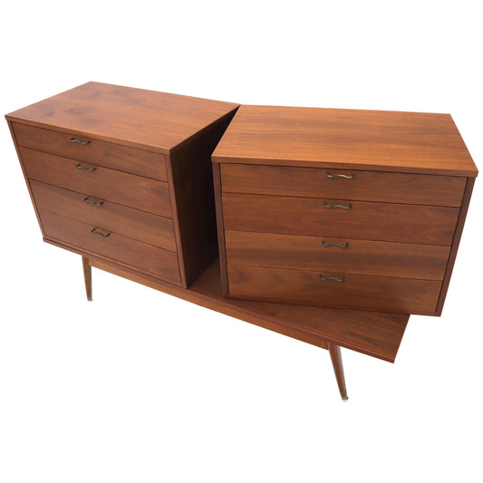 Three Pcs Mid-Century Modern Oiled Walnut Chest Dresser Credenza w/ Waive Pulls