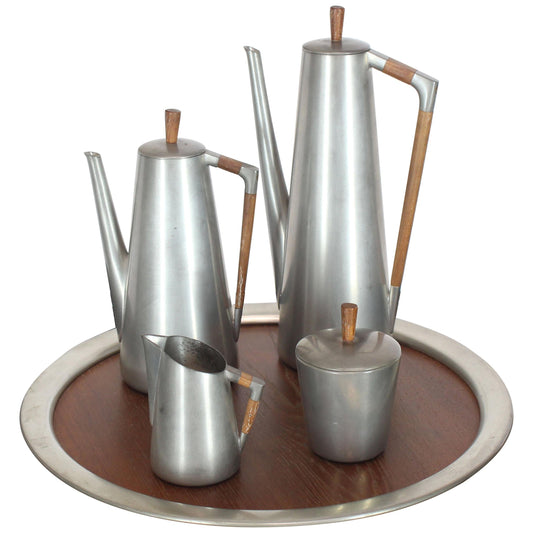 Five Pieces Mid-Century Modern Tea Coffee Set by Royal Holland Pewter Teak