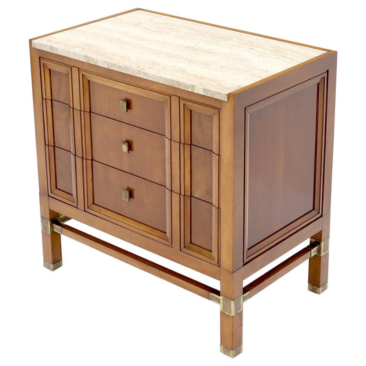 Travertine Top Three Drawers Bachelors Chest with Brass Pulls and Accents