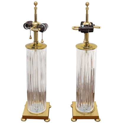 Pair of Fine Cut Glass Crystal Cylinder Shape Table Lamps on Brass Bases