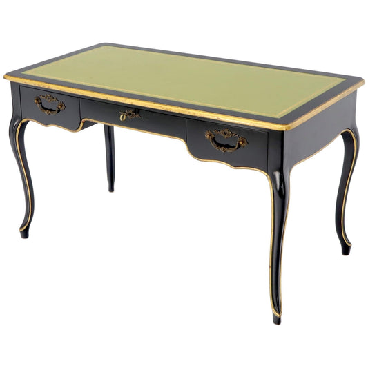 Baker Country French Black Lacquer Gold Trim Leather Desk Console
