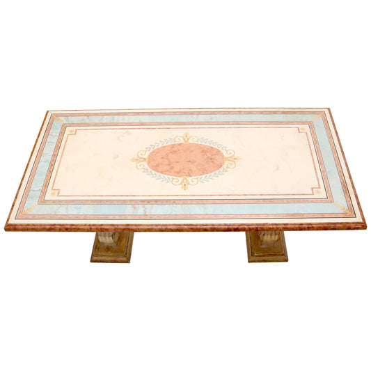 Enamel Decorated Marble Top Dining Table on Carved Gold Lyre Shape Pedestals