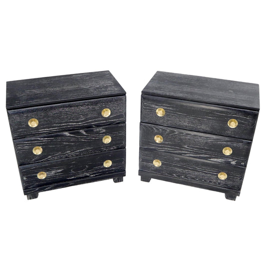 Pair of Cerused Limed Oak Three-Drawer Bachelor Chests with Round Brass
