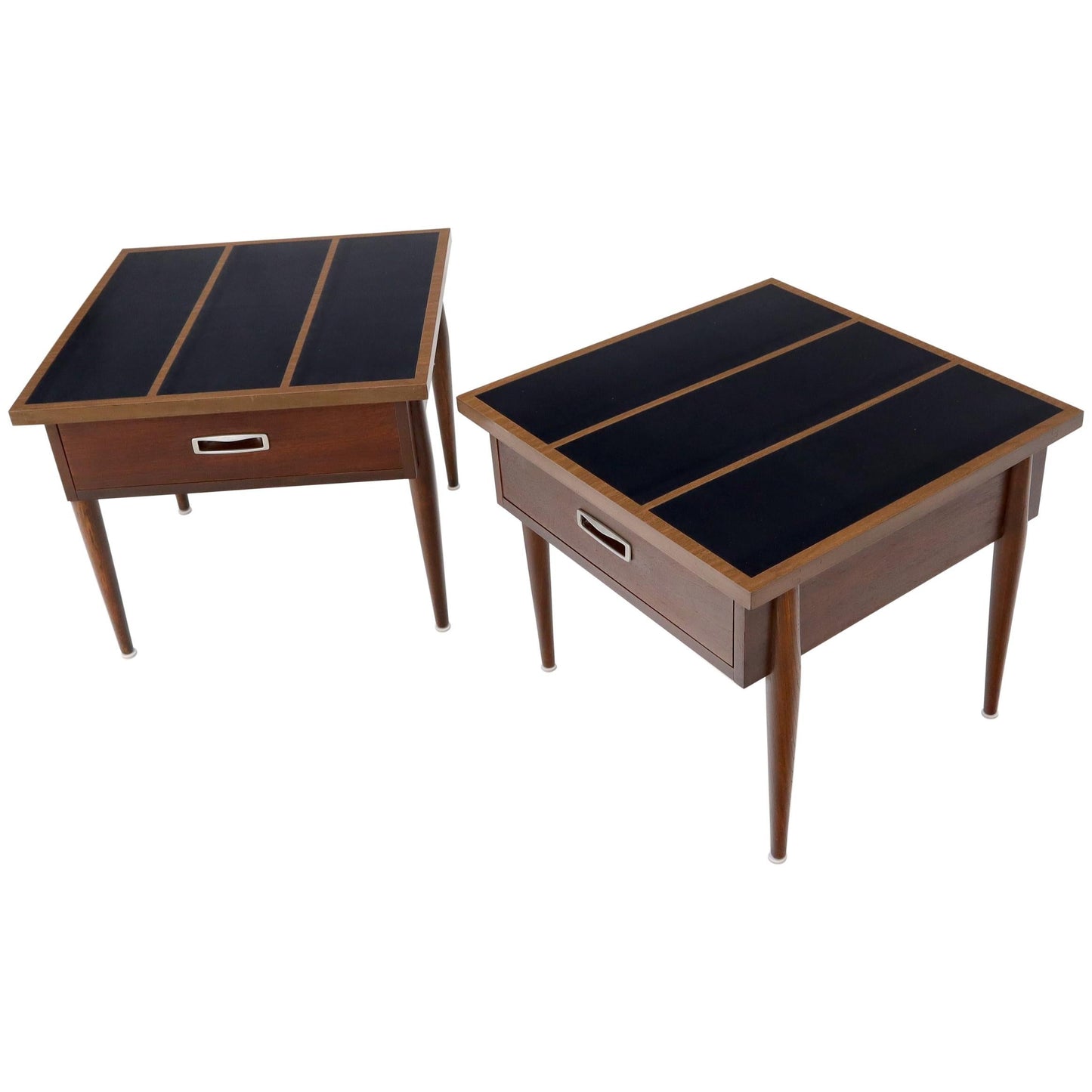 Pair of Walnut One-Drawer Side End Tables with Laminated Tops Tapered Legs