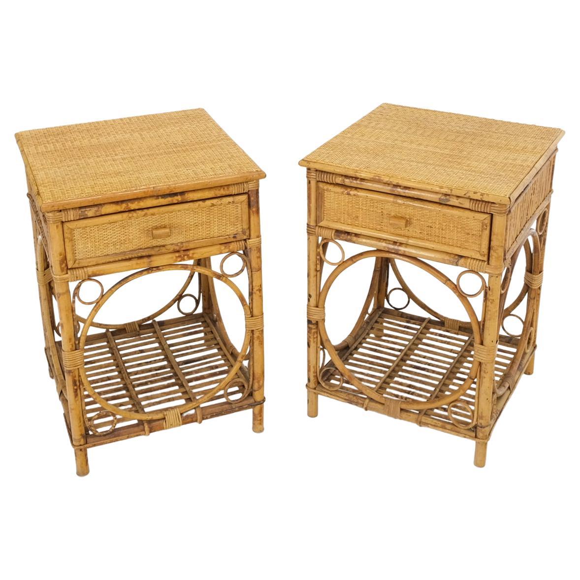 Pair of Bamboo Rattan One Drawer Cane Woven Top Side End Table Nightstands