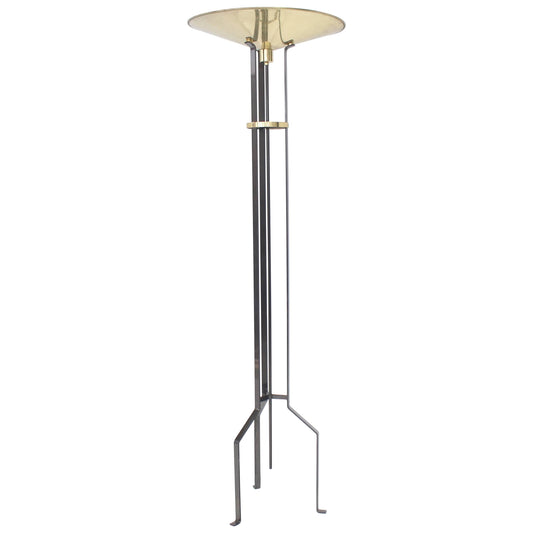 Large Italian Brass Shade Floor Lamp Torchere with Dimmer