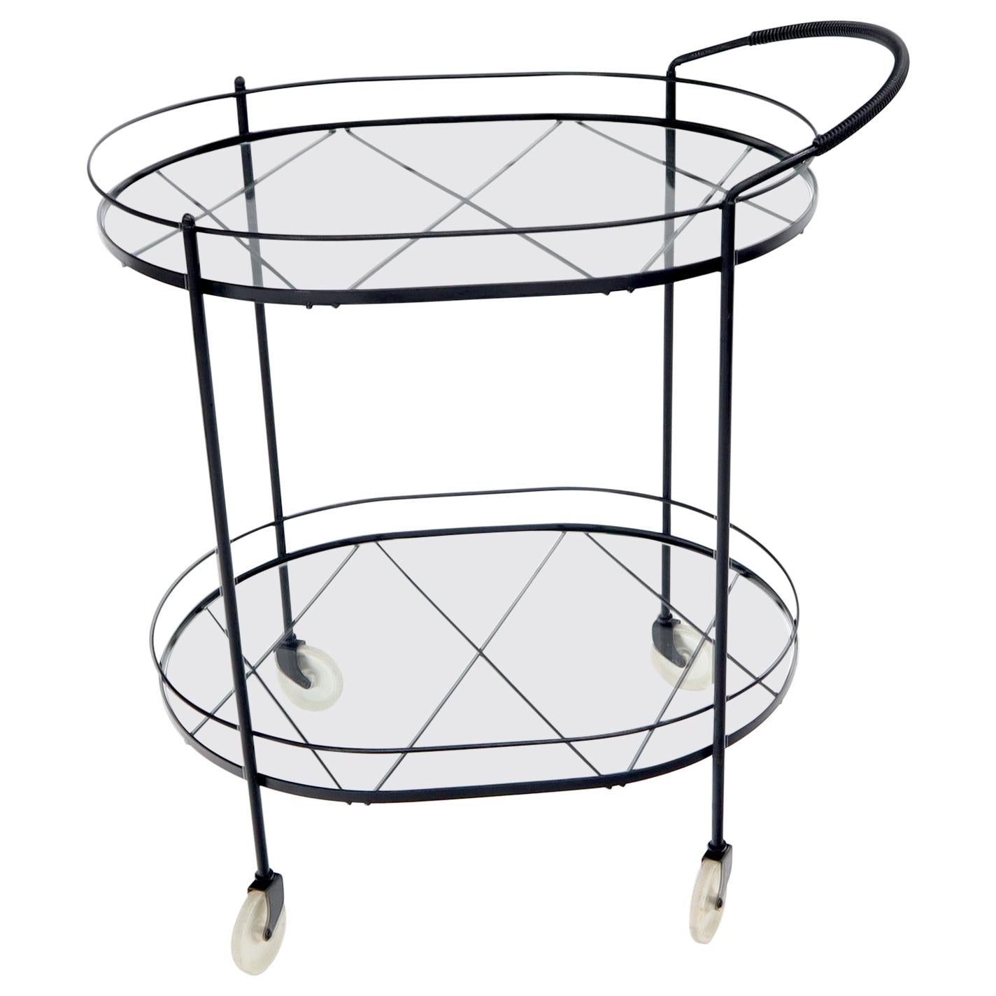 Oval Mid-Century Modern Black Lacquer Serving Bar Tea Cart