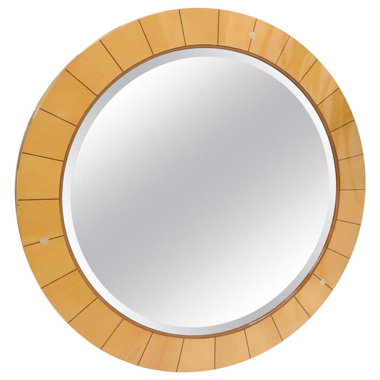 Inlaid Round Frame Beveled Wall Mirror Mother of Perl Accents