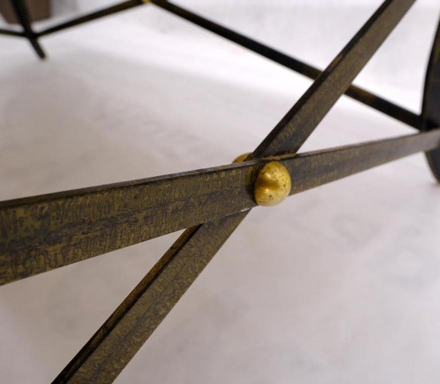 Steel Metal Forged X Base Travertine Top Rectangle Coffee Table w/ Brass Studs