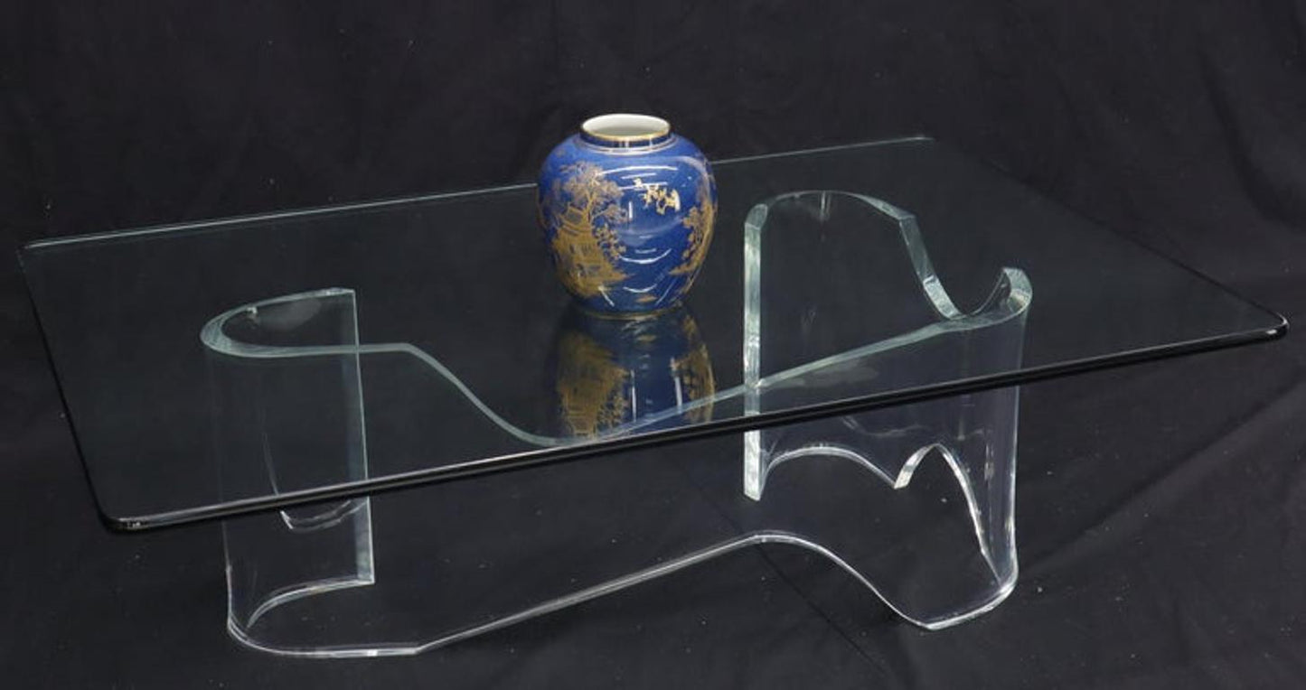 Thick Bent Lucite Organic Shape Base Rectangle Glass top Coffee Table