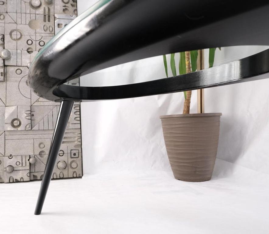 Pair Glass Top Black Lacquer Oval Pierced Shape Solid Tops End Side Tables Stand