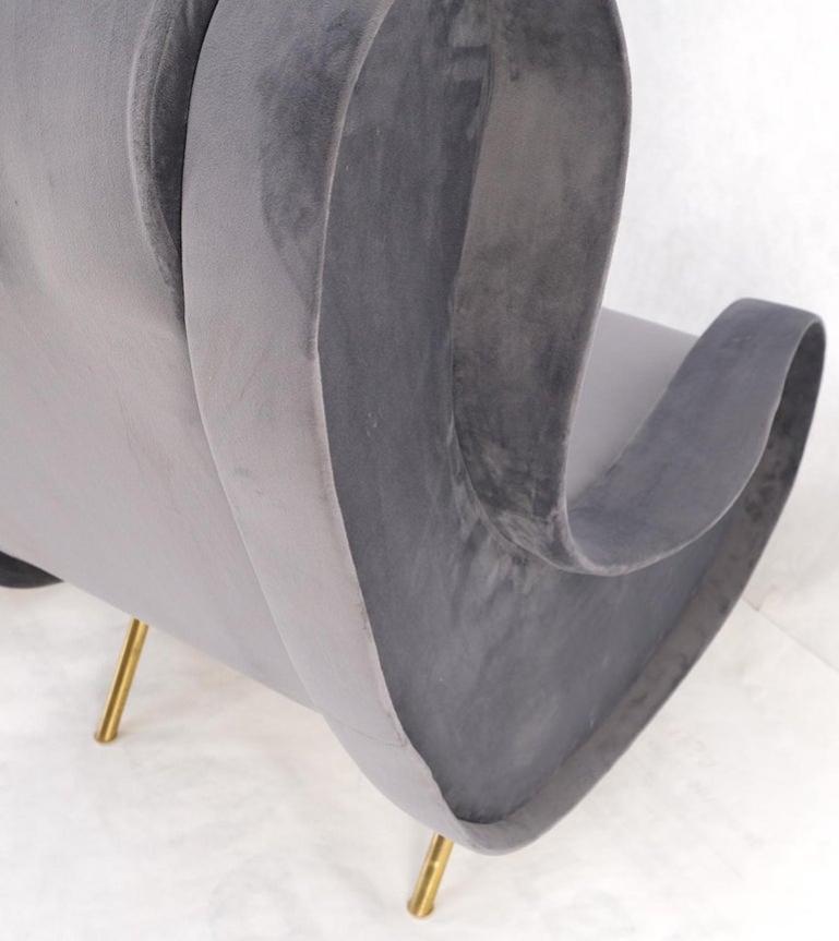 Pair Italian Mid-Century Modern Brass Legs Grey Arm Lounge Chairs