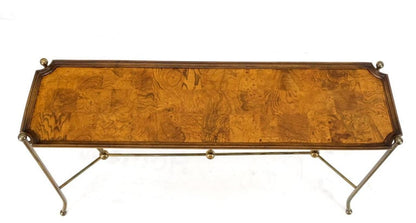 Burl Wood Tray Style Top Brass Tube & Ball Frame Console Sofa Table MINT