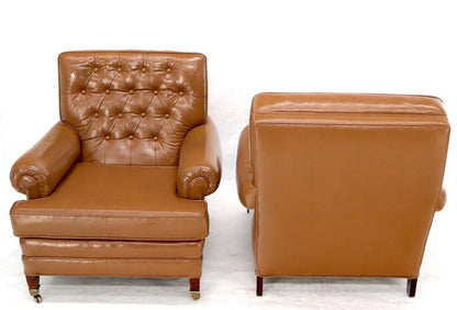 Pair of Chesterfield Style Leather Chairs W/ Ottomans Brown to Tan