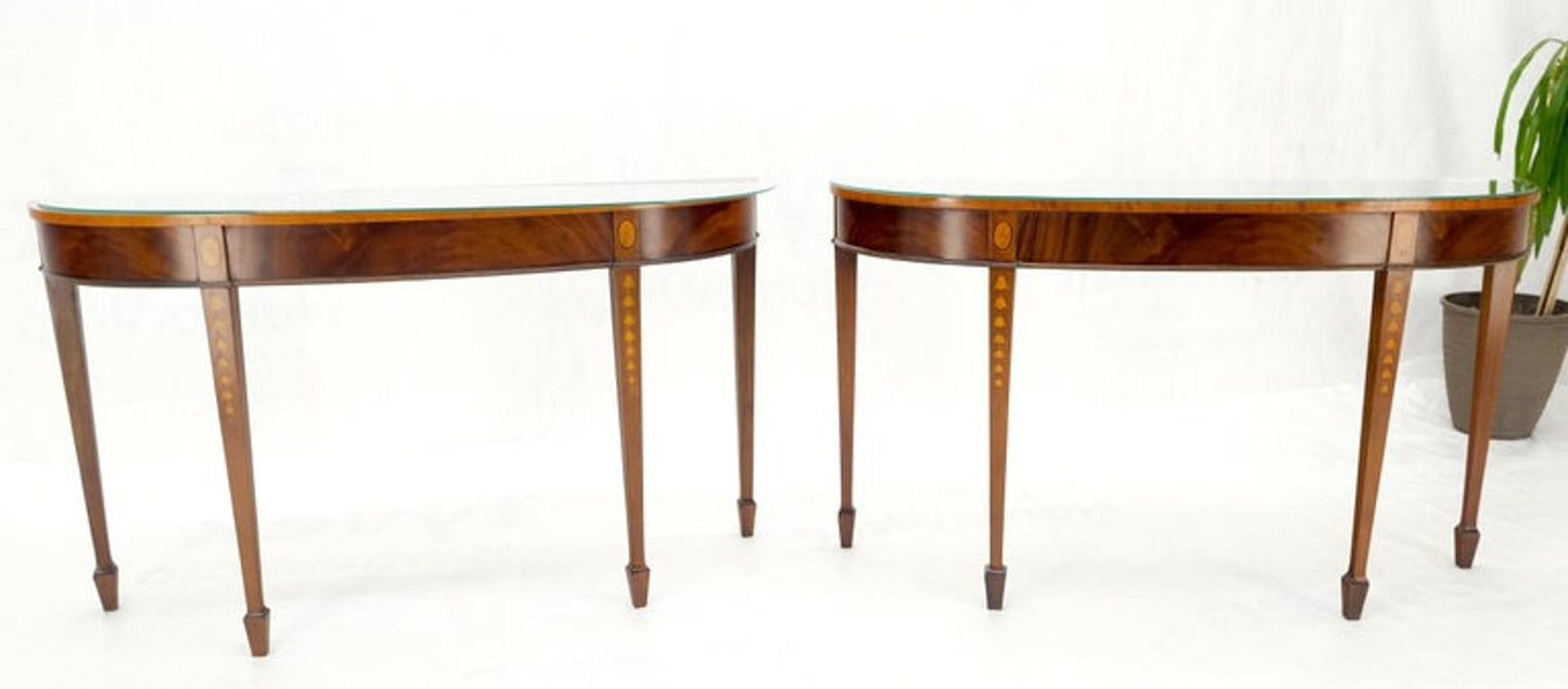 Pair of Mahogany Demi Lune Banded Inlayed Glass Tops Console Sofa Tables Mint!