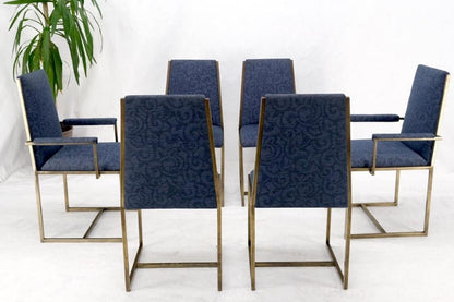 Set 6 Nice Bronze Satin Finish Blue Upholstery Dining Side Arm Chairs Armchairs