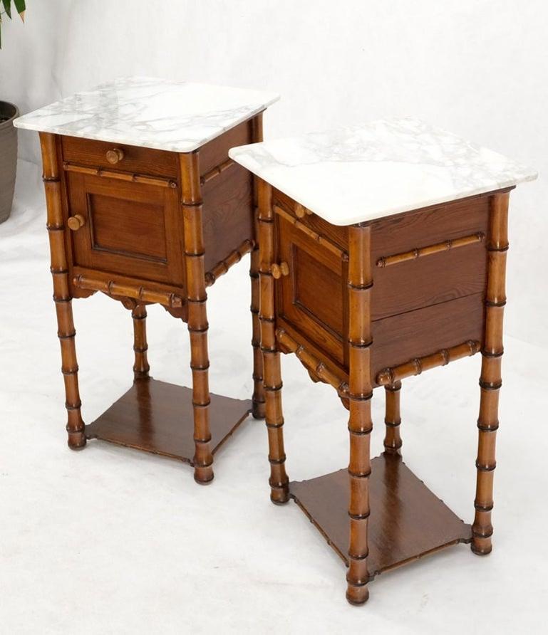 Pair of Antique Faux Bamboo Marble Top Two Tier One Door Drawer Nightstands