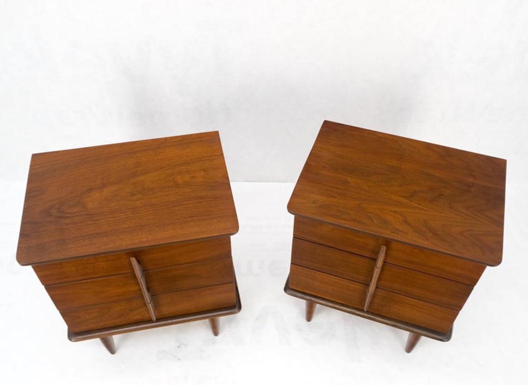 Pair Walnut Mid Century 3 Drawers Sculptural Night Stands End Tables Mint!