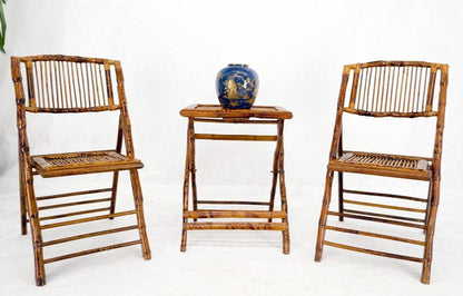 Burnt Bamboo Vintage Folding Cafe Occasional Table w/ Two Matching Chairs Set
