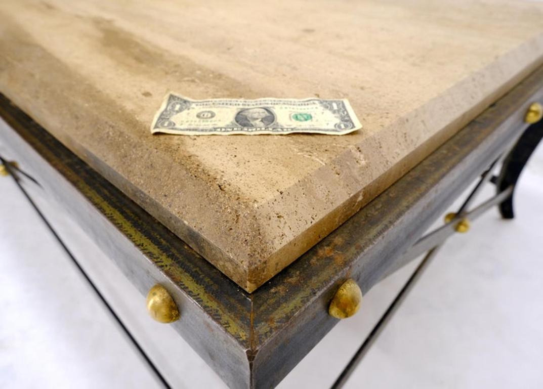 Steel Metal Forged X Base Travertine Top Rectangle Coffee Table w/ Brass Studs
