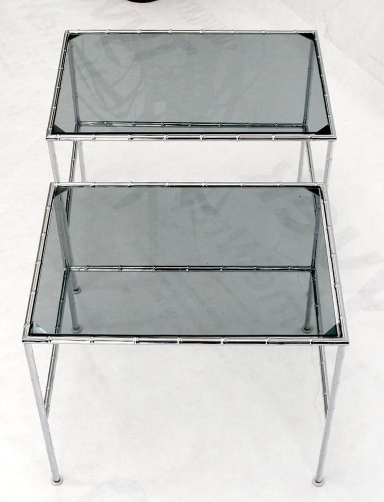 Pair of Chrome Faux Bamboo Smoked Glass Tops Nesting Tables