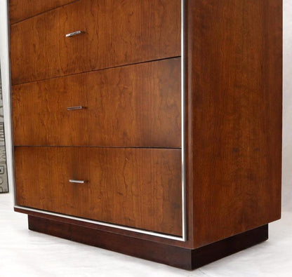 Seven Drawers Burl Wood Chrome Metal Bezel High Chest Dresser by John Stuart