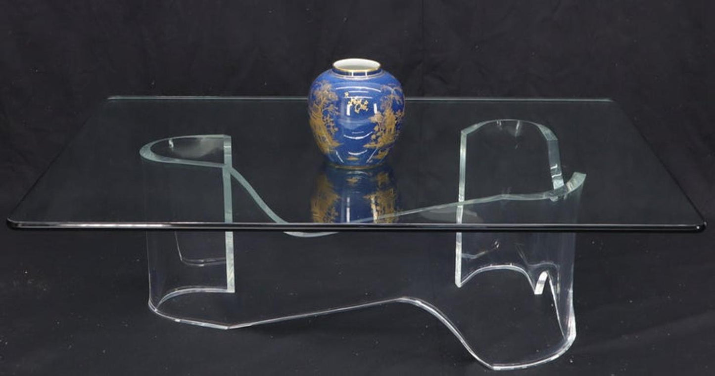 Thick Bent Lucite Organic Shape Base Rectangle Glass top Coffee Table