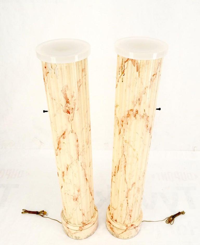 Pair of Mid-Century Modern Faux Decorated Columns Lighted Pedestals Floor Lamps