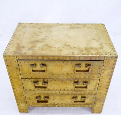 Sarreid Hollywood Regency Campaign Brass Clad Compact Chest of 3 Drawers Stand