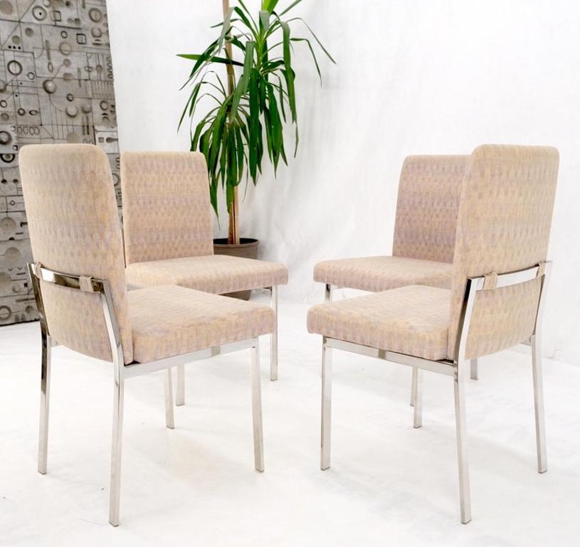 Set of 4 Mid-Century Modern Polished Stainless Steel Upholstered Dining Chairs