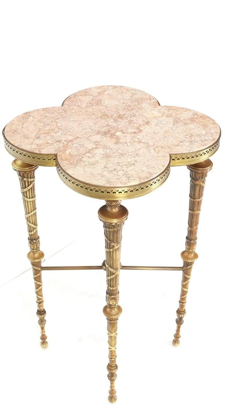 Exception Clover Shape Pink Marble Top Fluted Brass Legs Tall Pedestal Stand