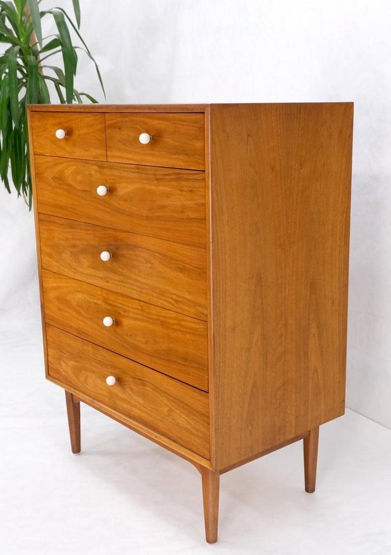 Mid Century 6 Drawers Walnut High Chest Dresser W/ Porcelain Ball Pulls Mint!