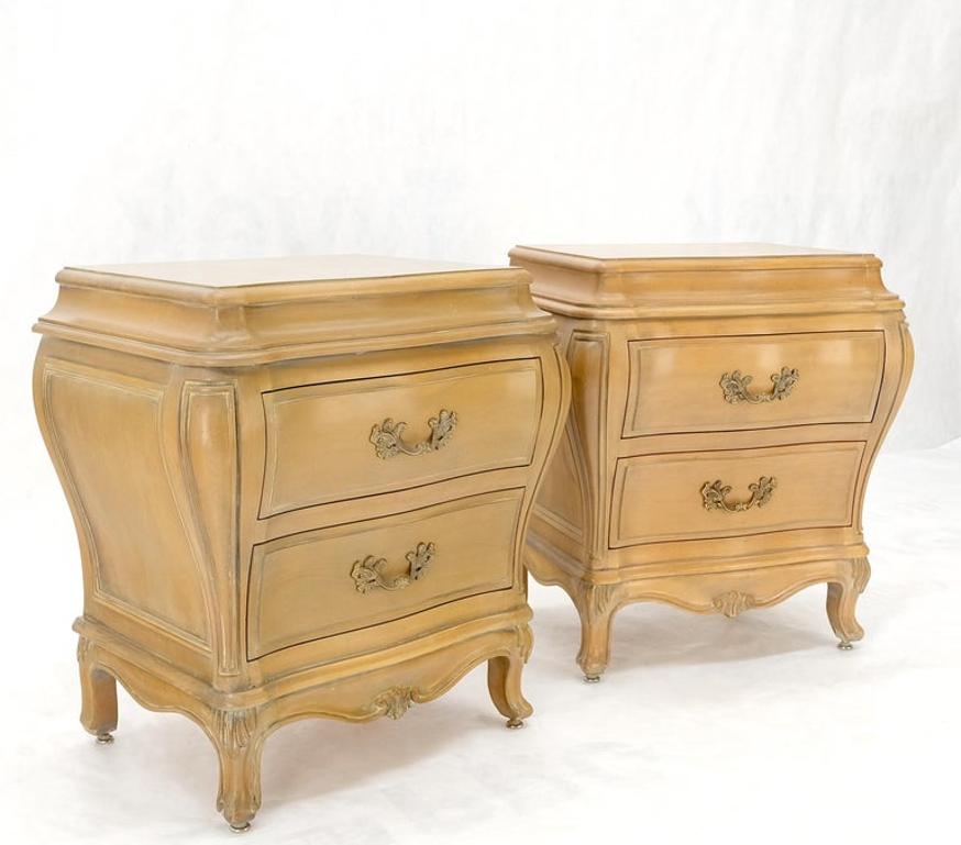 Pair Bombe White Wash Pickled Burl Wood Night Stands End Tables Brass Pulls Mint