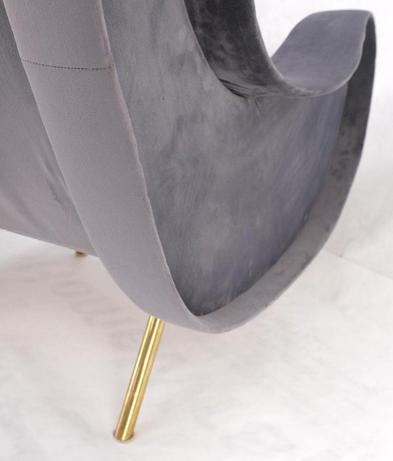 Pair Italian Mid-Century Modern Brass Legs Grey Arm Lounge Chairs
