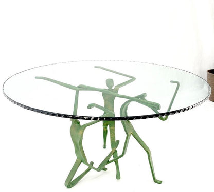 Heavy Cut Steel Dancing Sculpture Base Rope Edge Round Glass Top Dining Table