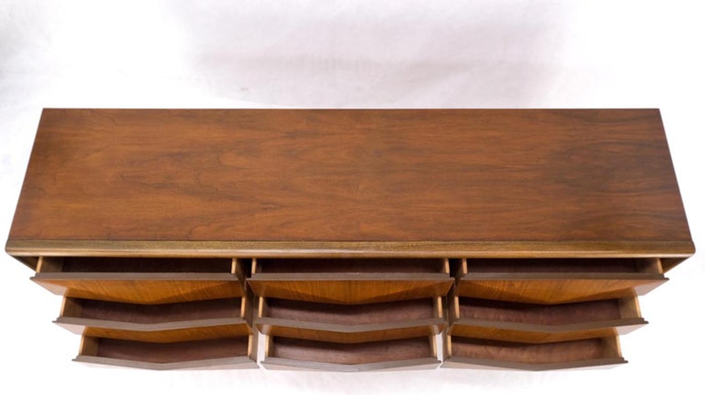 Mid-Century Modern Sculpted Walnut 9 Diamond Front Drawers Dresser Mint