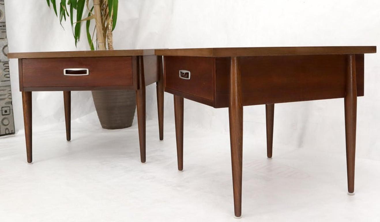 Pair of Walnut One-Drawer Side End Tables with Laminated Tops Tapered Legs