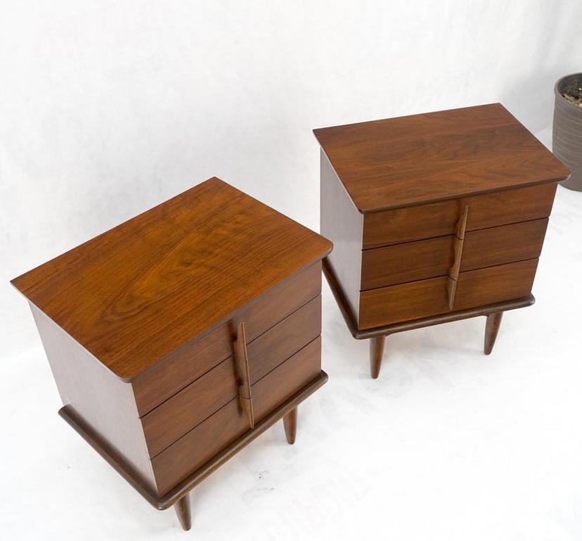 Pair Walnut Mid Century 3 Drawers Sculptural Night Stands End Tables Mint!