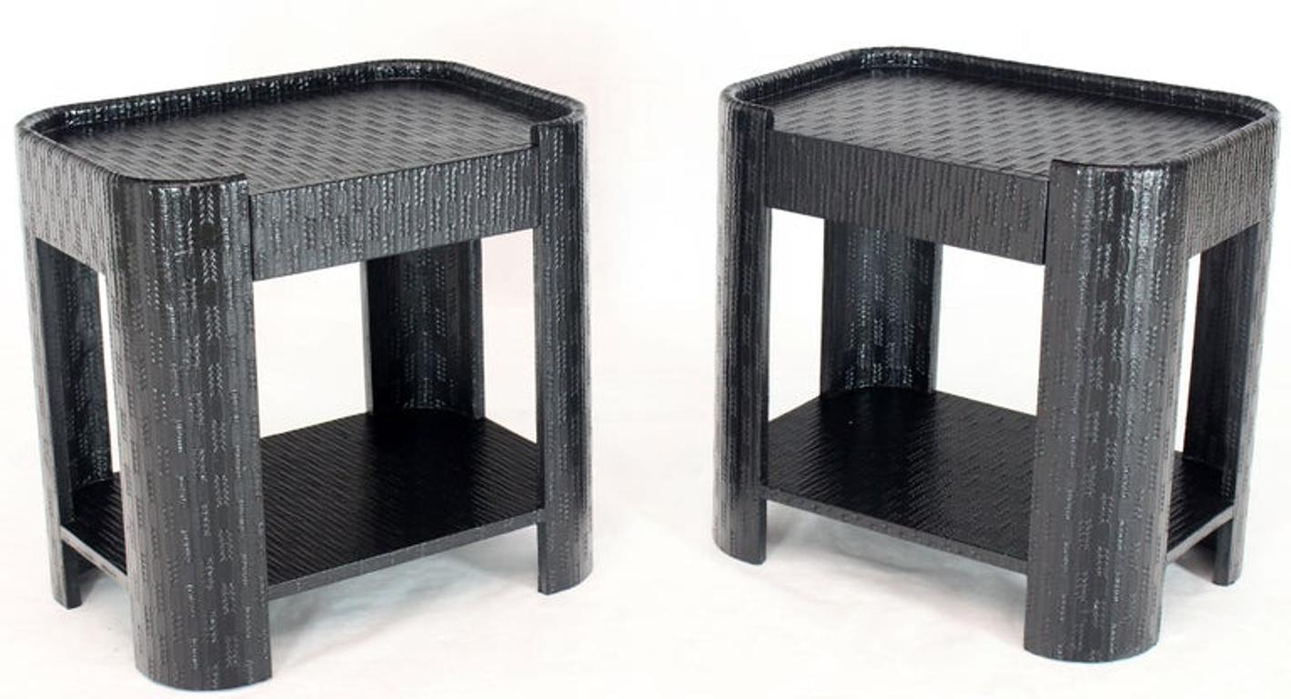 Pair of Lacquered Raffia Cloth Covered Stands End Occasional Tables Springer