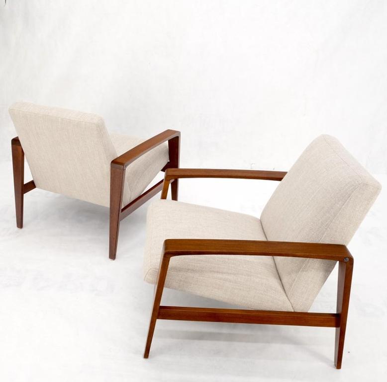 Pair Restored New Oatmeal Upholstery Teak Mid-Century Modern Lounge Arm Chairs
