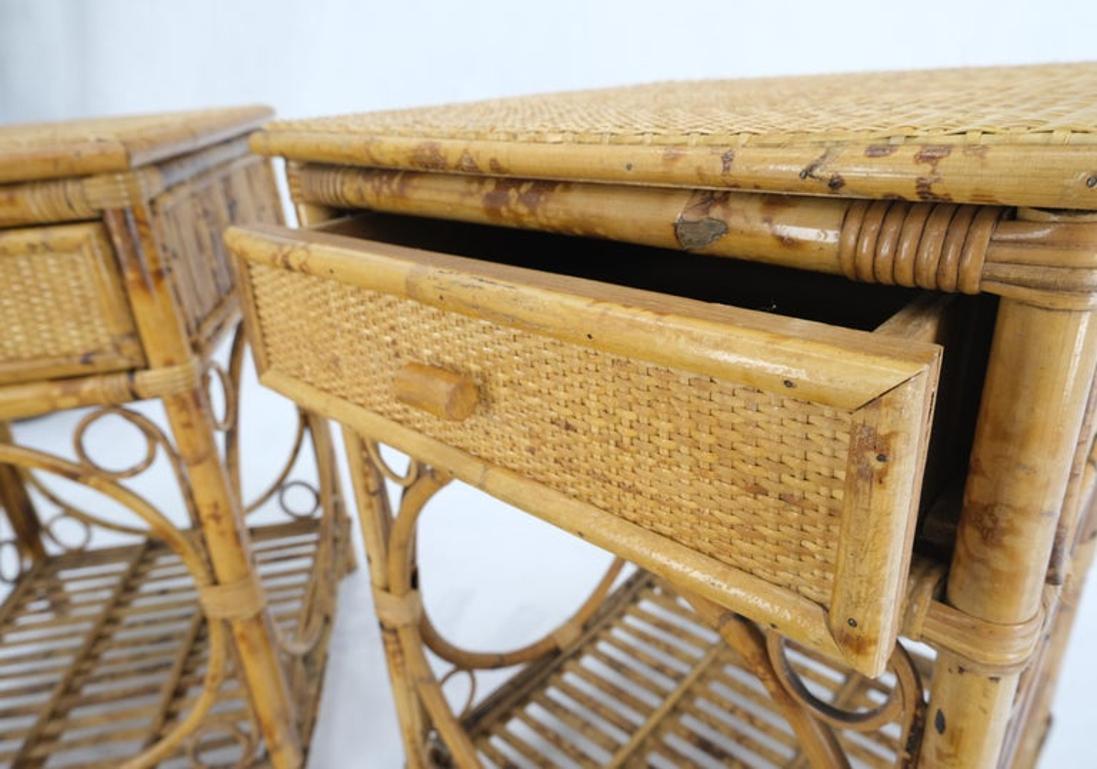 Pair of Bamboo Rattan One Drawer Cane Woven Top Side End Table Nightstands