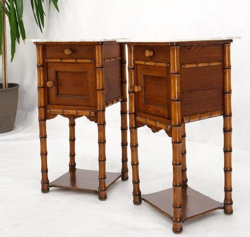 Pair of Antique Faux Bamboo Marble Top Two Tier One Door Drawer Nightstands