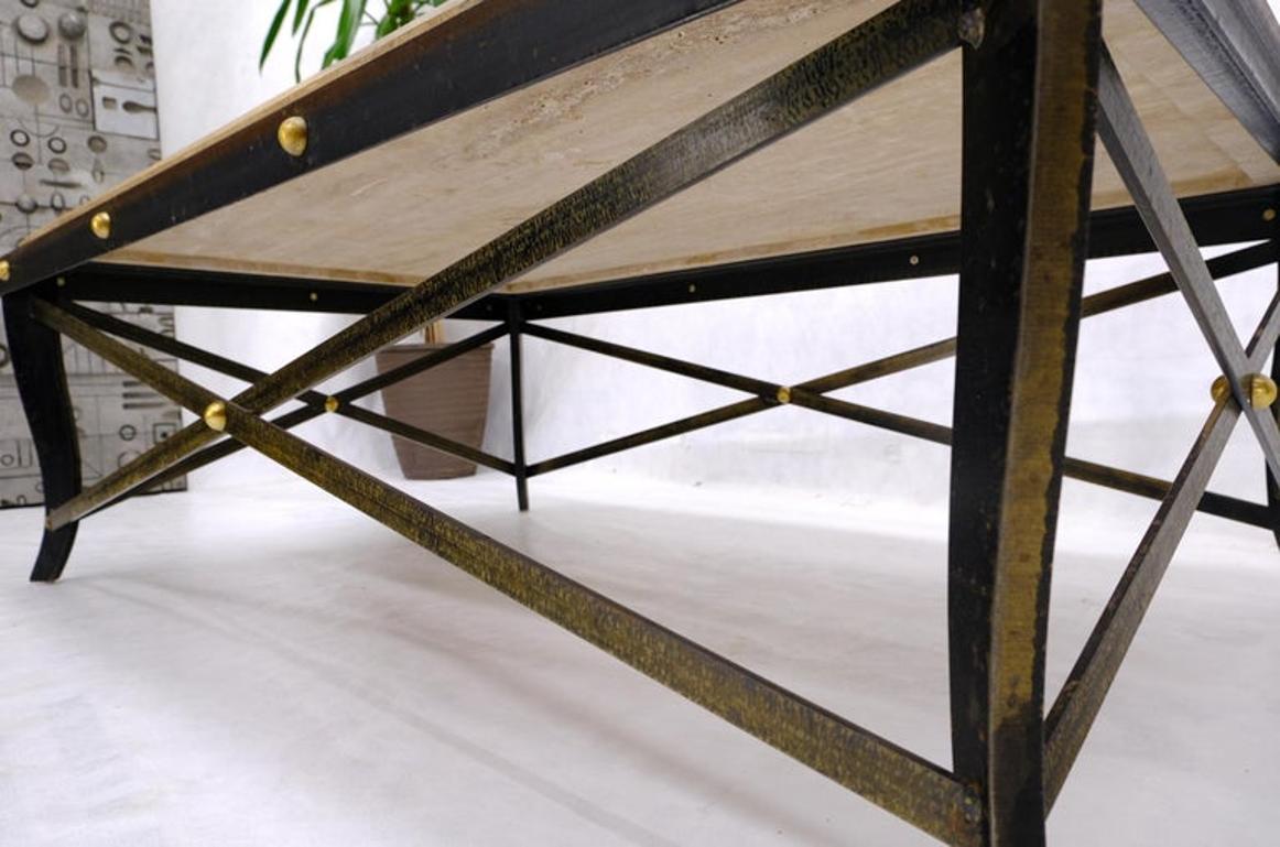 Steel Metal Forged X Base Travertine Top Rectangle Coffee Table w/ Brass Studs