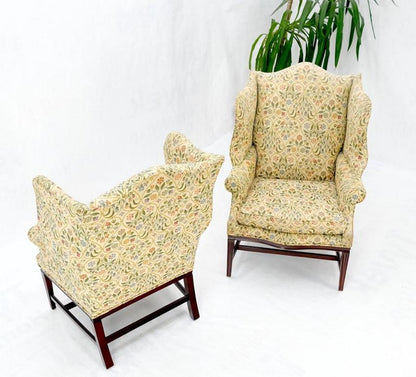 Pair of Deep Profile Antique Wing Arm Chairs Mahogany Legs Federal Style