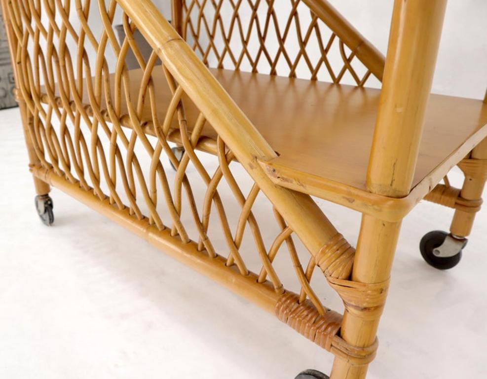 Mid century modern rattan and bamboo serving bar cart w/ bottles holder.