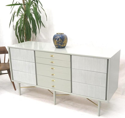 Two Tone Light Grey & White Fluted Drawer Fronts Brass Stretchers Long Dresser