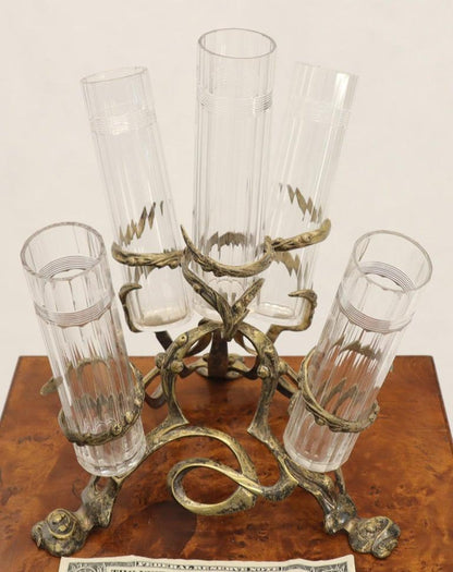 Art Nouveau 5 Branches Center Piece Cut Glass Vases