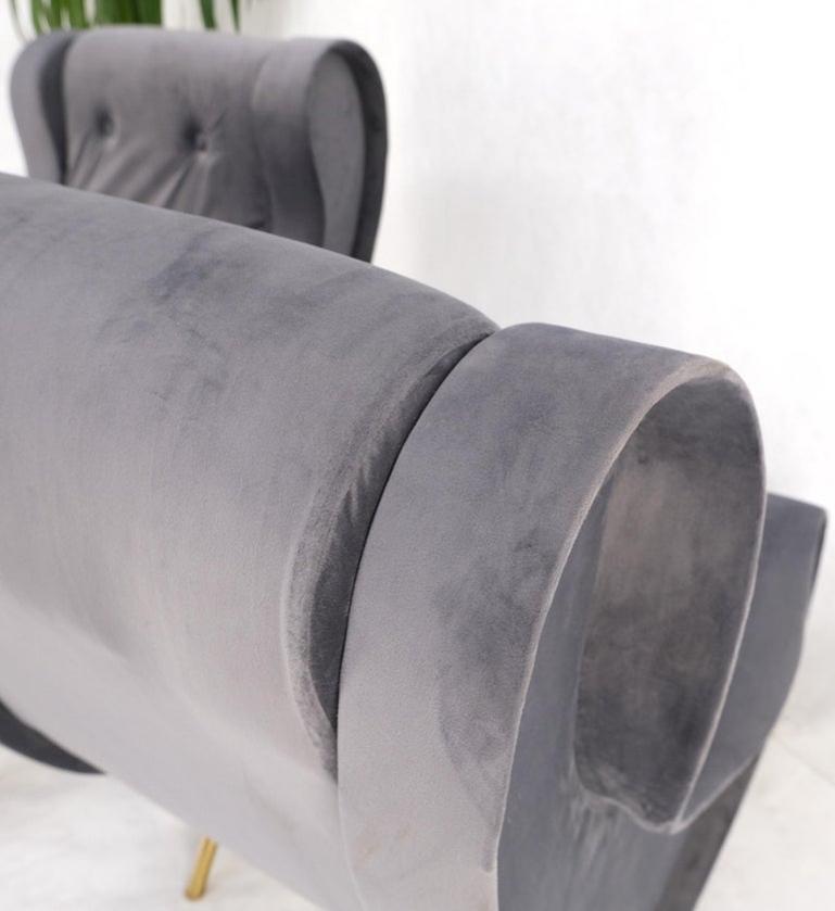 Pair Italian Mid-Century Modern Brass Legs Grey Arm Lounge Chairs
